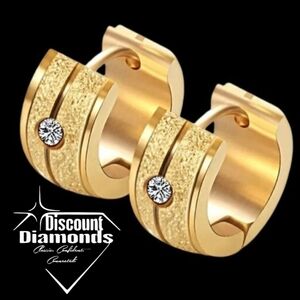 18K Gold on Frosted Stainless Steel Diamond Studded Hoop/ Huggie Earrings